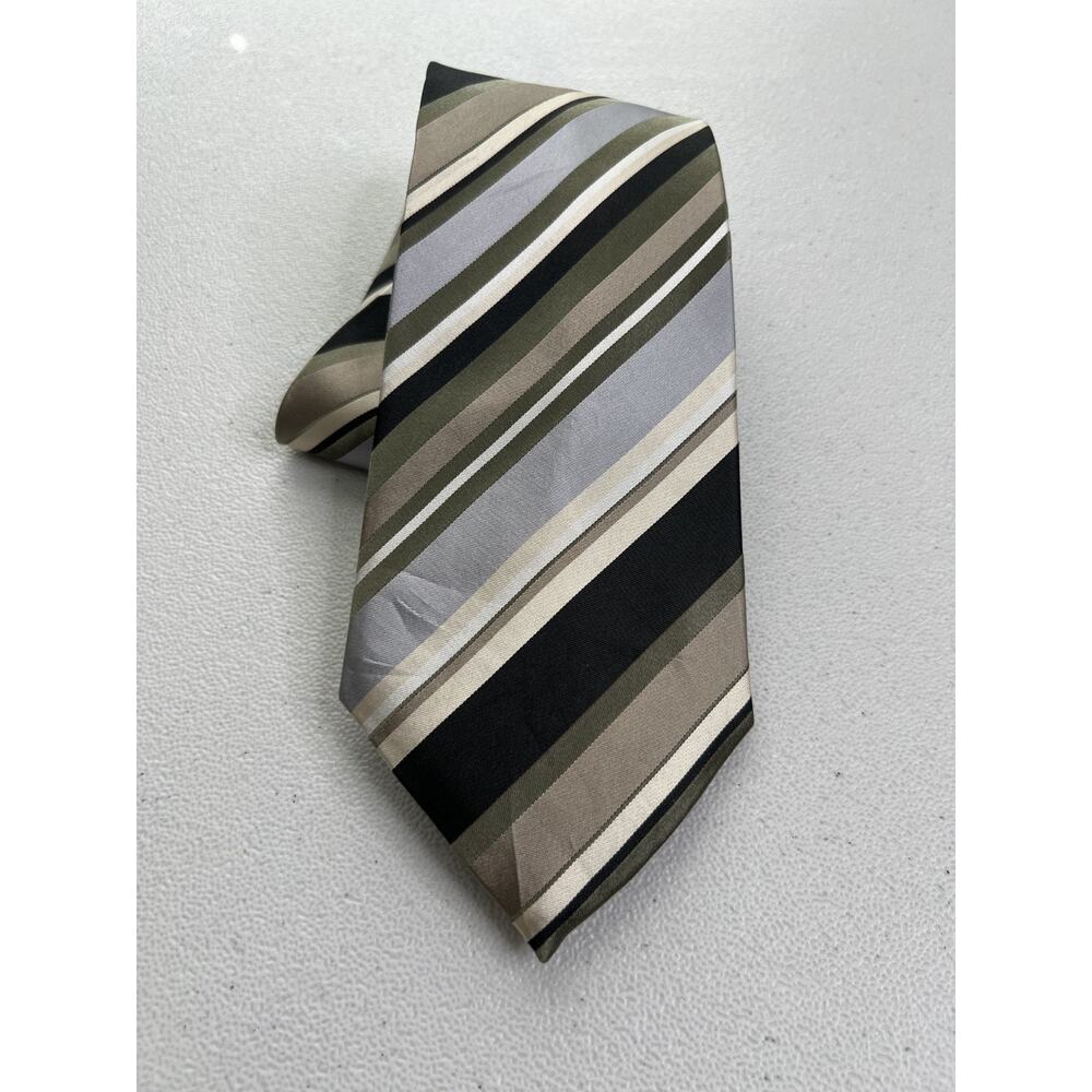 Geoffrey Beene Black, Green, Tan Striped Pattern 100% Silk Handmade Tie NWOT